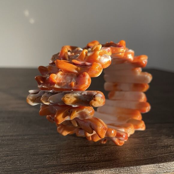 Natural Orange Spiny Oyster Shell Bracelet 7" Stretch Druzy Spikey Bead New - Picture 5 of 9